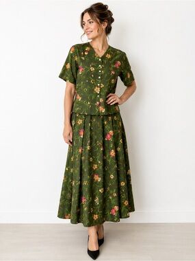 Vintage 90s Geiger Collection 2 Piece Wool Floral Set Austria 40 Top/38 Skirt